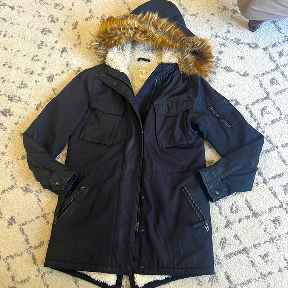 S13 Parka Coat Size Women’s Medium‎ Black with Fur Hood Winter Warm fuzzy lined - Picture 1 of 9